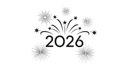 Happy new year 2026 celebration with fireworks and stars on a white background