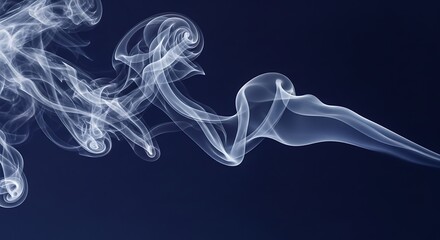 Fototapeta premium Ethereal wisps of white smoke elegantly swirl and dance against a deep navy blue background, creating a mesmerizing abstract visual.