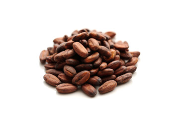 Fresh cacao beans on white background