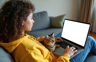 Fototapeta na wymiar Young woman with curly hair wears yellow hoodie, uses laptop on sofa. Tabby cat rests on her lap. Blank screen visible for mockups, online learning, or leisure.