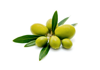 green olives with green leaves isolated on white background.