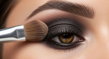 Close-up of smoky eye makeup on female eye with brush application