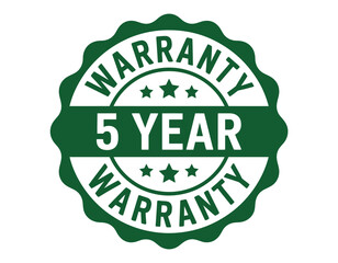 A green circular stamp clearly states '5 YEAR WARRANTY' with surrounding text indicating warranty.