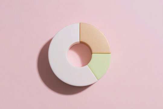 Modern 3D donut chart with golden and glowing neon section on pink background. Concept of innovation, data analytics, and financial performance visualization.