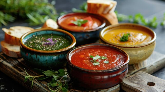 Assortment of colorful soups in bowls with bread and herbs placed together nicely