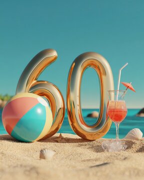 Shiny golden number 60 on sandy beach with colorful ball and tropical cocktail. Concept of celebration, travel and summer lifestyle.