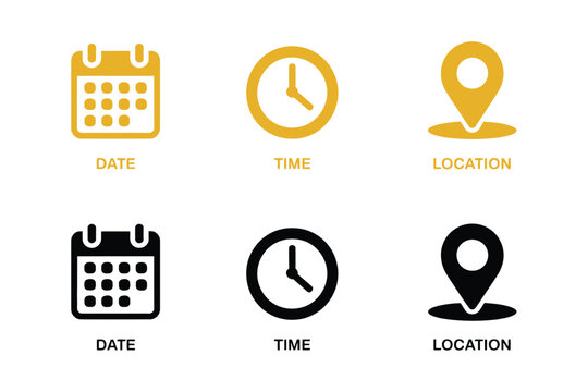 A grid displaying pairs of golden and black icons representing date, time, and location, suggesting planning and organization.