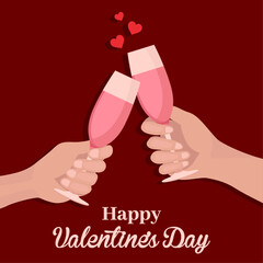 Two hands with pink champagne glasses celebrating love Valentine's day greeting card