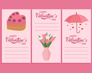 Valentine's day greeting card wish message pink tulips heart cake love umbrella