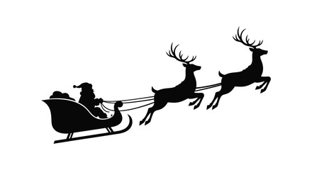 Naklejka premium Silhouette of santa claus riding in a sleigh pulled by reindeer flying through the night sky