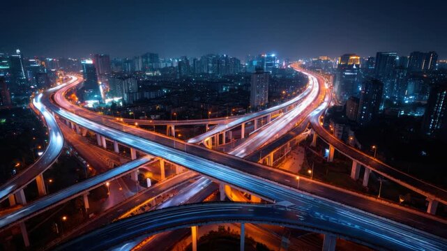 Aerial view of a complex highway interchange at night, illuminated by the movement of vehicles