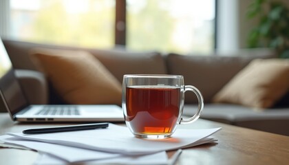 Work from home setup with laptop, papers and pen near glass mug of hot tea. Cozy living room sofa in blurred background provides comfortable workspace for remote job.