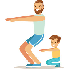 Father and Son Performing Squats Together in a Fitness Session Smiling Happily on a White Background Father Wearing A Light Blue T Shirt And Blue Shorts Son Wearing A Yellow T Shirt And Blue Pants