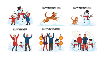 New Year Cheer and Celebration: A montage of festive scenes showcases the spirit of New Year's, with joyful illustrations of snowmen, children, dogs, cats.