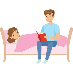 Father Reading A Bedtime Story To His Daughter Tucked In Pink Blanket On A Wooden Bed