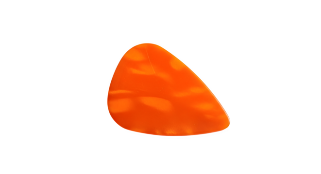 Bright orange guitar pick with swirling patterns isolated on transparent background