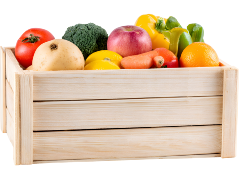 Wooden crate with assorted vegetables isolated on transparent background, perfect for organic food visuals..Tags: