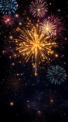 Colorful fireworks bursting in the night sky with bright golden sparks
