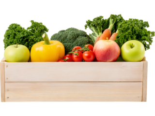 Wooden crate with assorted vegetables isolated on transparent background, perfect for organic food visuals..Tags: