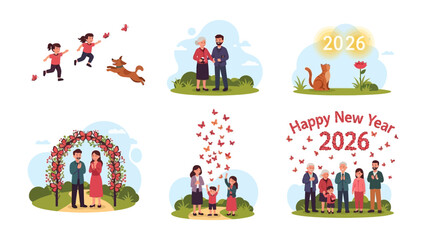 New Year 2026 Celebration Scene: A vibrant collection of illustrations depicting heartwarming moments celebrating the spirit of the upcoming year, highlighting themes of togetherness, hope.