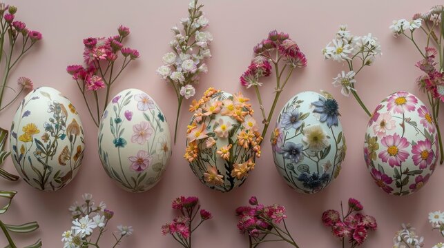 Decorated easter eggs adorned with floral patterns and small colorful blossoms around - Powered by Adobe