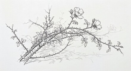 Obraz premium Delicate black and white line art sketch of blooming rose branches with intricate thorns and soft floral details on a textured white background.