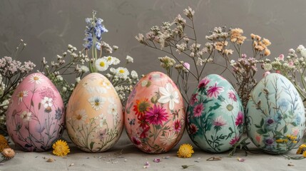 Decorated easter eggs with floral patterns and dried flowers arrangement display