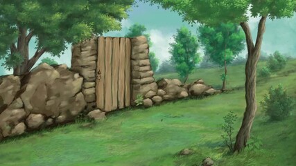 Natural 2d animated cartoon animation of stone well in green countryside on background, suited for village life.