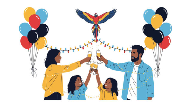Festive Family Toast: A joyous family raises their glasses in a cheerful toast, surrounded by colorful balloons, lights, and a vibrant parrot illustration, embodying celebration and togetherness.