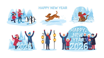 Fototapeta premium Happy New Year Scenes: Celebrating the fresh start and new beginnings in 2026, various illustrations captures the warmth and cheer of this time.