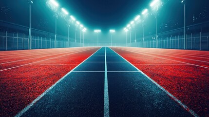Naklejka premium Empty track & field illuminated at night, rows of bright lights above