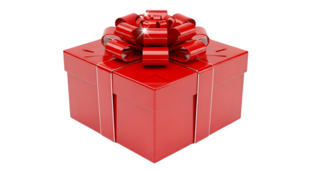 A shiny red gift box with a large red bow