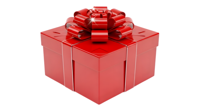 A shiny red gift box with a large red bow