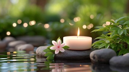 Serene Spa Experience Lit Candle on Smooth Stones Amidst Lush Greenery and Tranquil Water Reflections for Ultimate Wellness and Relaxation Therapy