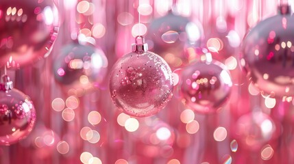 A festive arrangement of shiny ornaments with a soft bokeh light background glow
