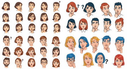 Pensive people faces with questioning expressions