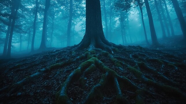 Forest floor roots and moss-covered ground under tall trees in foggy woods - Powered by Adobe