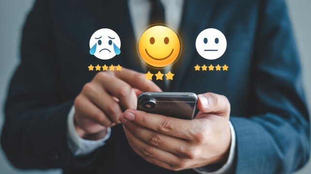 Customer Feedback and Digital Experience: A modern professional, immersed in the digital age, engages with a sleek smartphone to provide valuable customer feedback.