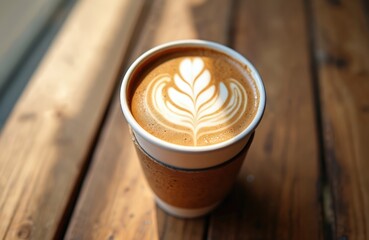 Close-up of latte art coffee in disposable eco paper cup placed on rustic wooden table. Morning sunlight streams across scene, delicate foam design. Take-away beverage invites moment of quiet