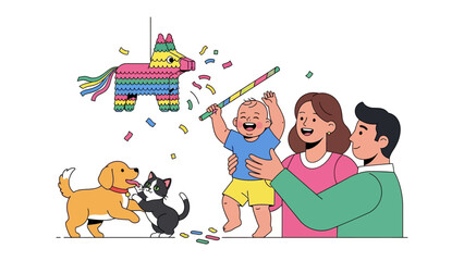 Joyful Celebration: A Family Fiesta: A delightful family scene unfolds as a joyous baby, held aloft, prepares to swing at a colorful piñata during a festive celebration.