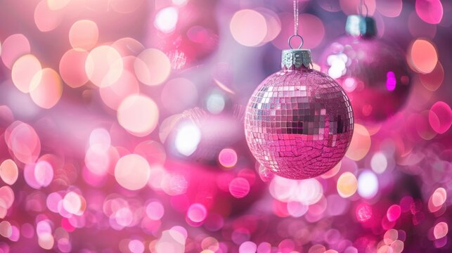Close up of hanging disco ball with pink bokeh lights in the background view