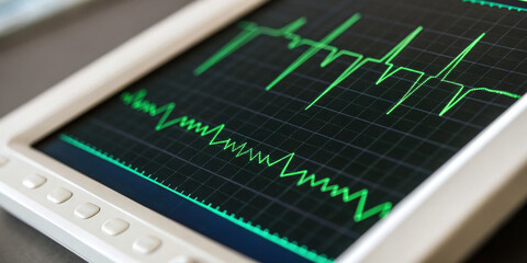 Hospital network monitoring vital sign on screen. This electrocardiogram shows intense pulse of life critical system reflecting esg and financial reporting data