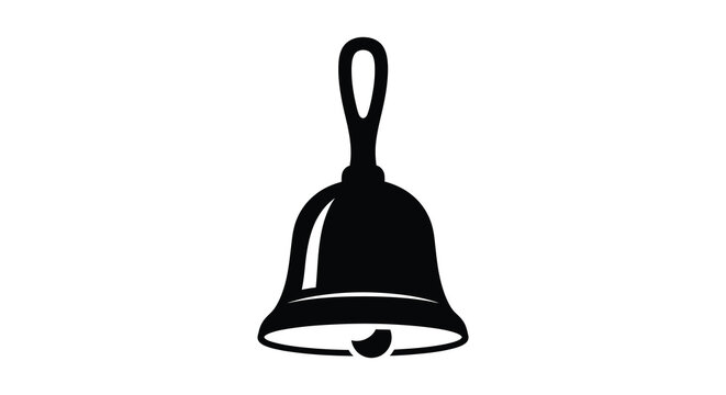 Simple black silhouette of a handheld bell with a loop handle and clapper isolated on white background