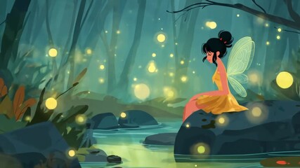A tiny fairy in an orange dress sits atop a rock beside a glowing forest stream; fireflies glow.!!!! - Powered by Adobe