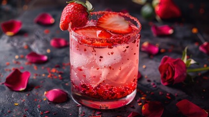 A refreshing strawberry cocktail with rose petals scattered around the glass base