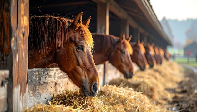 A row of horses with brown coats and white markings look out of their stable, sunlit, with visible hay