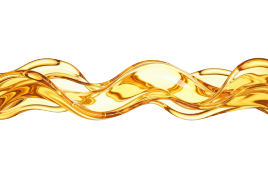 A flowing wave of golden liquid, possibly oil or honey, with a translucent sheen, isolated on a transparent background