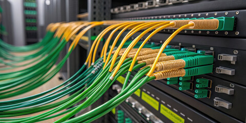 Clean data center server room shows esg financial reporting data on fiber optic network with green and yellow cable plugged into switch for internet connection and security