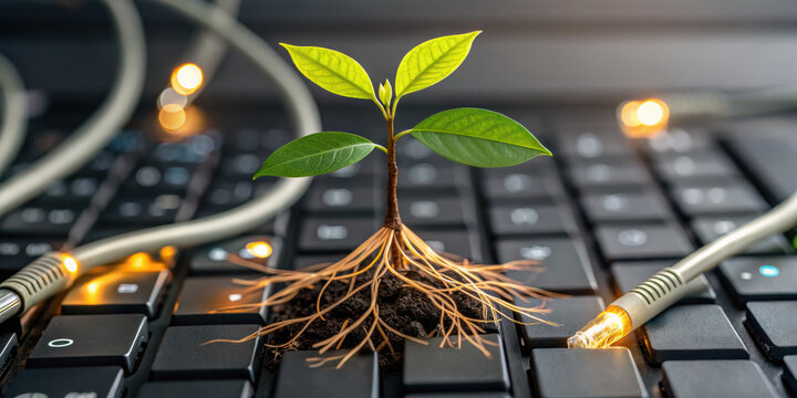 Hopeful esg financial reporting data for sustainable investment grows from technology network. green plant with roots on laptop keyboard symbolizes green business growth