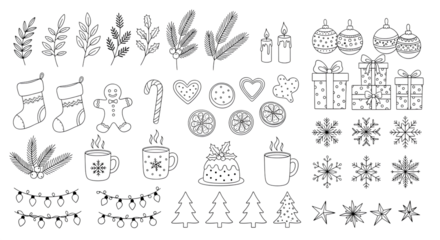 Collection of handdrawn christmas elements, including snowflakes, pine branches, stockings, gingerbread man, candy cane, ornaments, gifts, and string lights